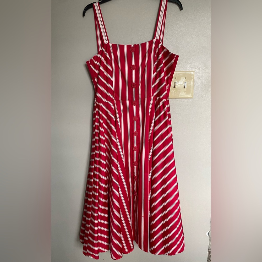 Red and white stripe women’s midi length dress